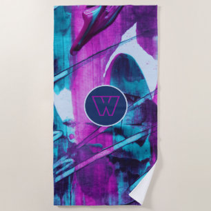 Abstract Blue Pink Brush Strokes Monogram Beach Towel