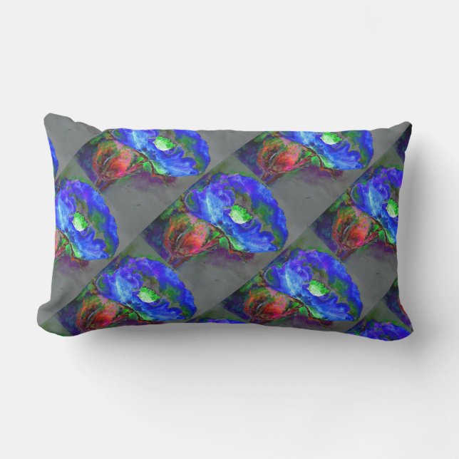 Abstract blue poppy abstract flower floral lumbar cushion (Front)