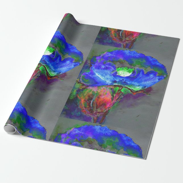Abstract blue poppy abstract flower floral wrapping paper (Unrolled)