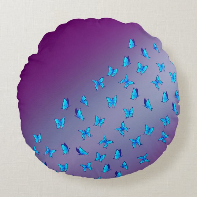 Abstract Blue Purple Moonbeams and Butterflies  Round Cushion (Front)