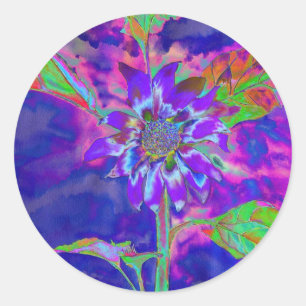 Abstract blue purple sunflower retro funky classic round sticker