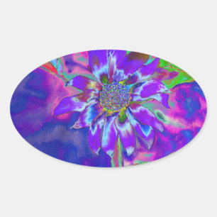 Abstract blue purple sunflower   retro funky  oval sticker