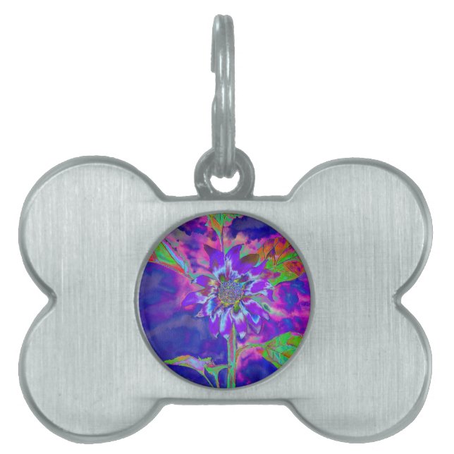 Abstract blue purple sunflower | retro funky  pet name tag (Front)