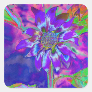 Abstract blue purple sunflower   retro funky  square sticker
