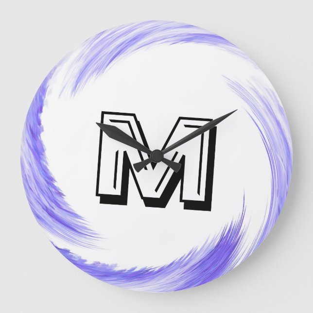 Abstract Blue Purple Swirl Monogram Large Clock (Front)
