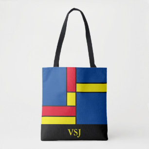 Abstract Blue Red and Yellow Monogram Tote Bag
