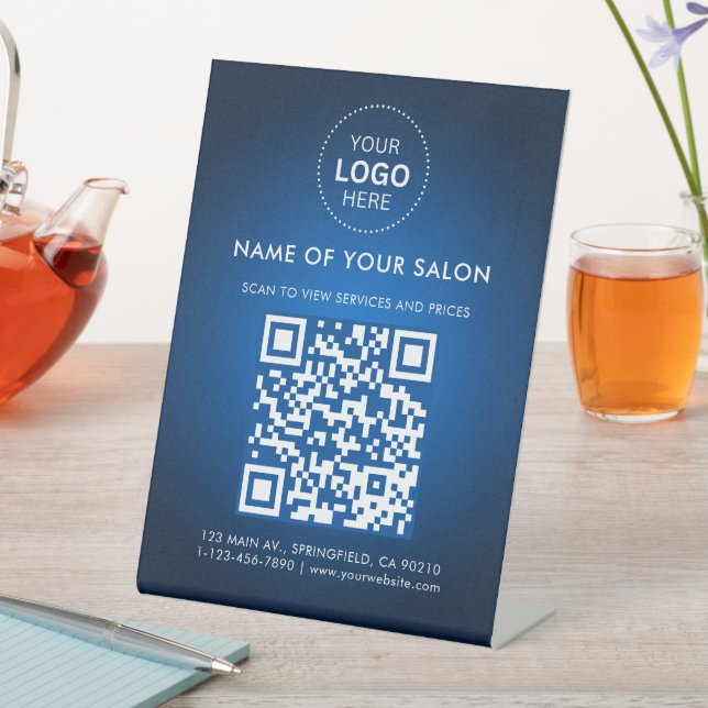 Abstract Blue Salon Business QR Code and Logo Pedestal Sign (In SItu)