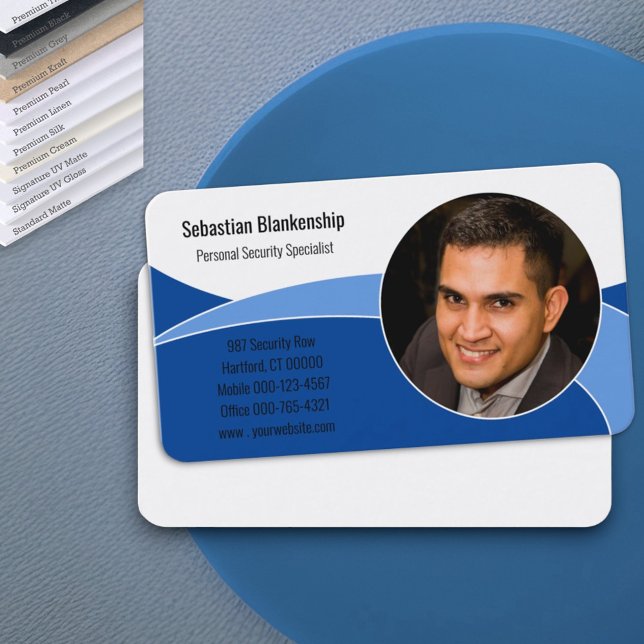Abstract Blue Security Professional Custom Photo Business Card (Professional photo business card template design front and blank back)