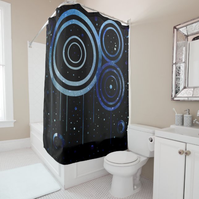 Abstract Blue Space Circles Design Shower Curtain (In Situ)