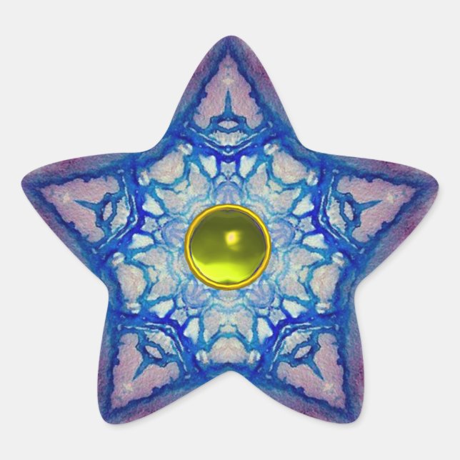 ABSTRACT BLUE STAR WITH YELLOW TOPAZ GEM STONE STICKER (Front)