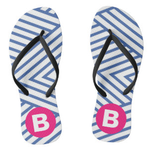Abstract Blue Stripey Pattern Pink Monogram Jandals