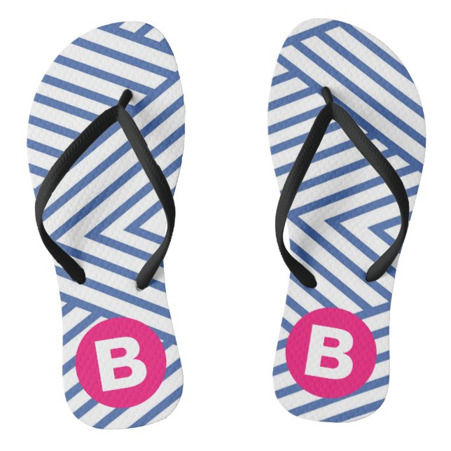 Abstract Blue Stripey Pattern Pink Monogram Jandals (Footbed)