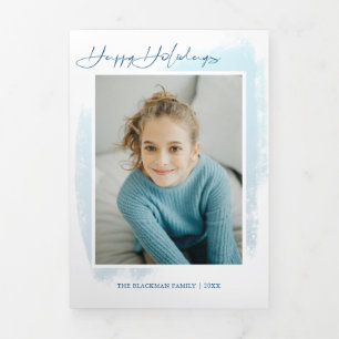 Abstract Blue Swash, Modern Typography & Photo Tri-Fold Holiday Card