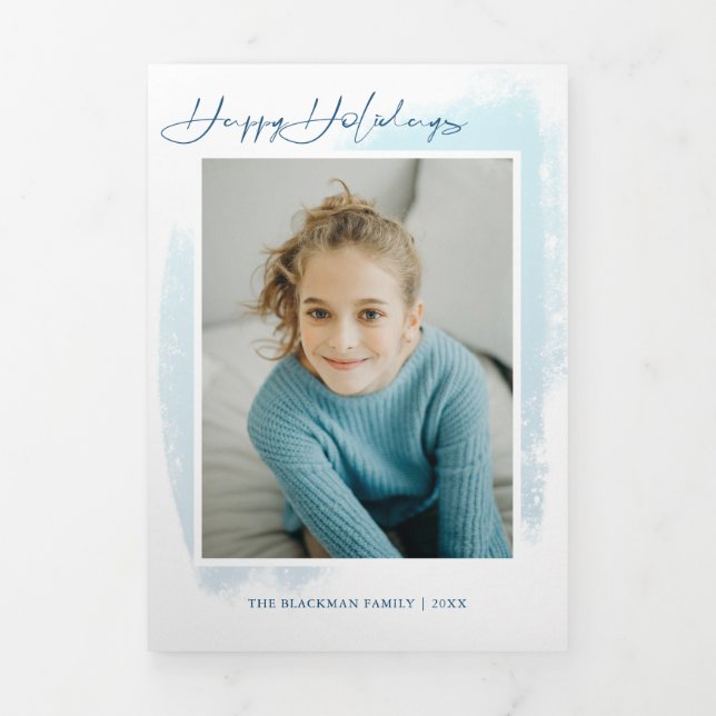 Abstract Blue Swash, Modern Typography & Photo Tri-Fold Holiday Card (Cover)