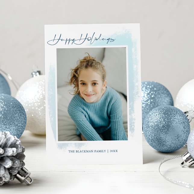 Abstract Blue Swash, Modern Typography & Photo Tri-Fold Holiday Card (Creator Uploaded)