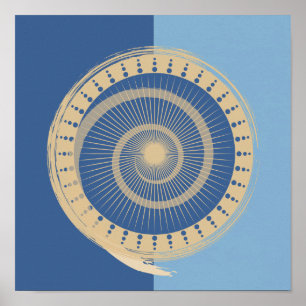Abstract Blue & Tan Spiral Sun Circle Design Print