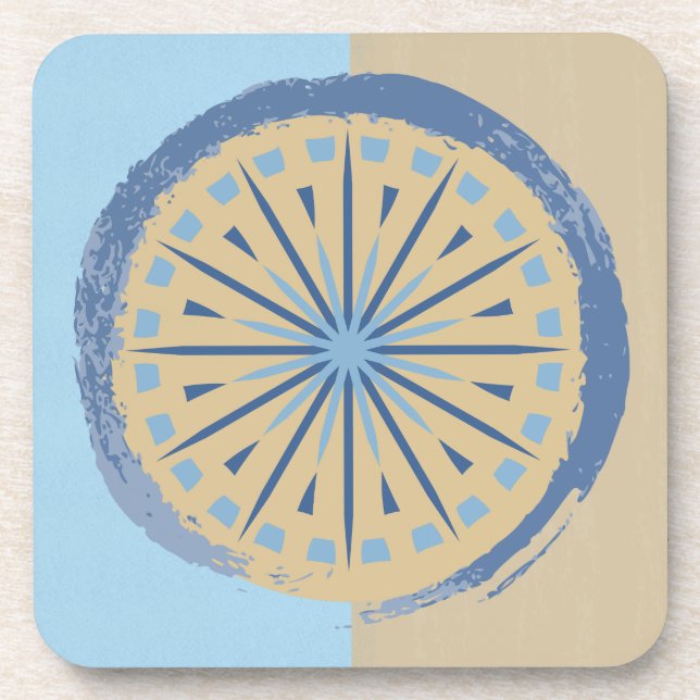 Abstract Blue & Tan Starburst Circle Design Coaster (Front)