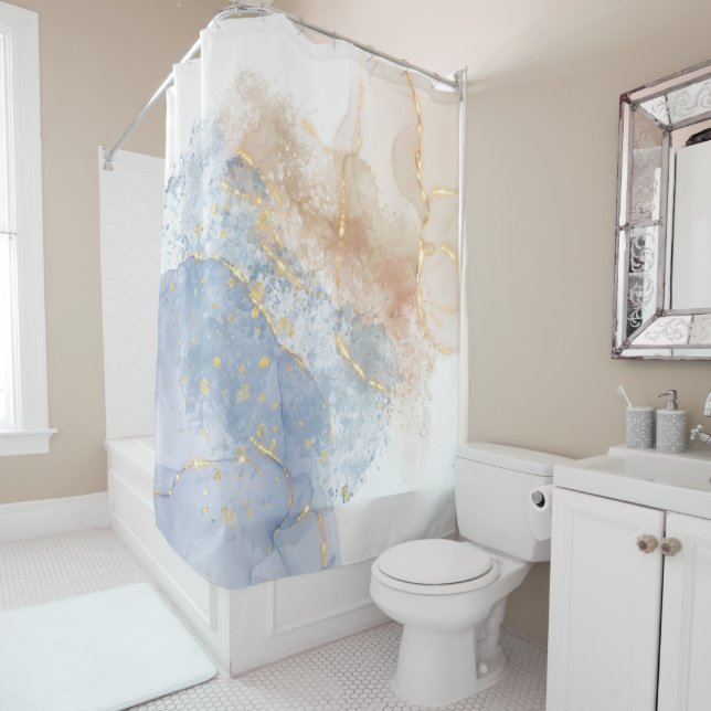 Abstract Blue, Taupe and Gold Shower Curtain (In Situ)