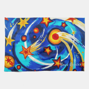 Abstract Blue Teal Galaxy Painting Whimsical Space Tea Towel