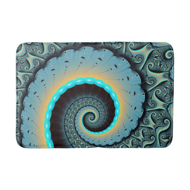 Abstract Blue Turquoise Orange Fractal Art Spiral Bath Mat (Front)