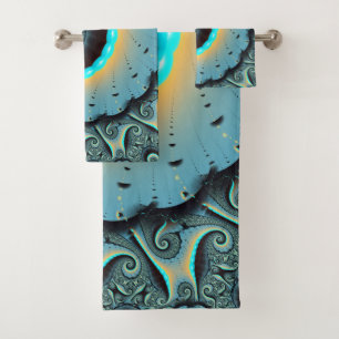 Abstract Blue Turquoise Orange Fractal Art Spiral Bath Towel Set