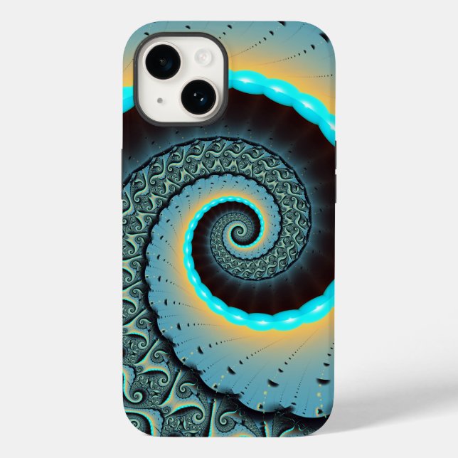 Abstract Blue Turquoise Orange Fractal Art Spiral Case-Mate iPhone Case (Back)