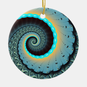 Abstract Blue Turquoise Orange Fractal Art Spiral Ceramic Tree Decoration