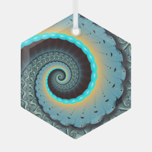 Abstract Blue Turquoise Orange Fractal Art Spiral Glass Tree Decoration