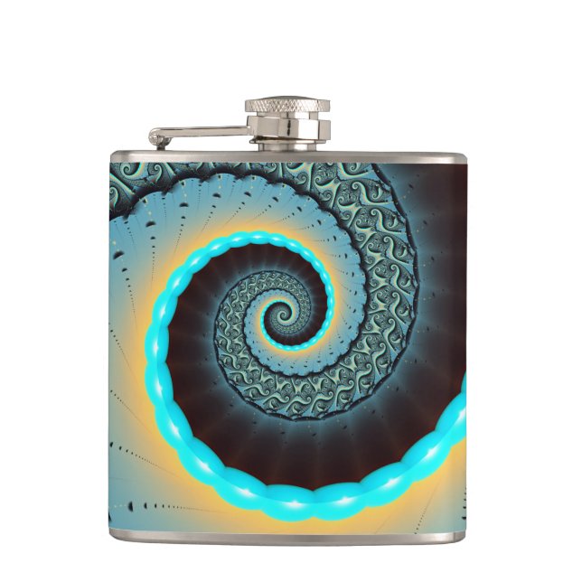 Abstract Blue Turquoise Orange Fractal Art Spiral Hip Flask (Front)