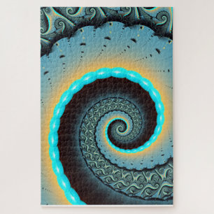 Abstract Blue Turquoise Orange Fractal Art Spiral Jigsaw Puzzle