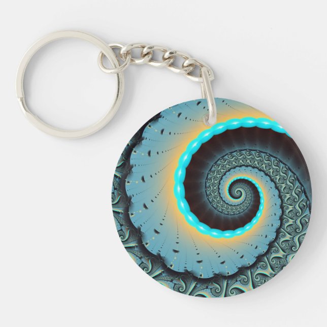 Abstract Blue Turquoise Orange Fractal Art Spiral Key Ring (Front)