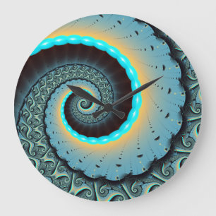 Abstract Blue Turquoise Orange Fractal Art Spiral Large Clock