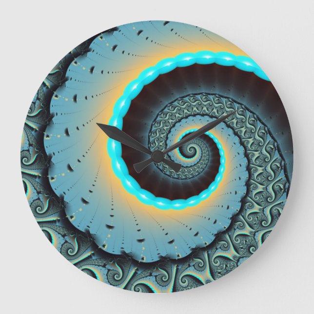 Abstract Blue Turquoise Orange Fractal Art Spiral Large Clock (Front)