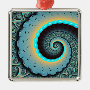Abstract Blue Turquoise Orange Fractal Art Spiral Metal Tree Decoration