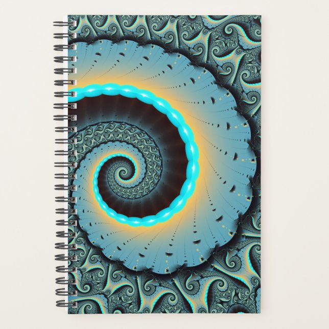 Abstract Blue Turquoise Orange Fractal Art Spiral Planner (Front)