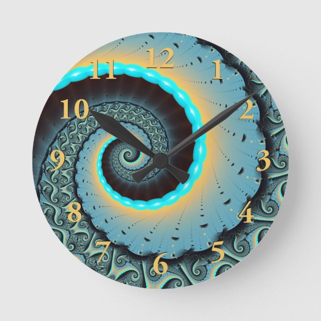 Abstract Blue Turquoise Orange Fractal Art Spiral Round Clock (Front)