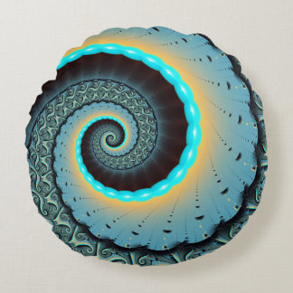 Abstract Blue Turquoise Orange Fractal Art Spiral Round Cushion