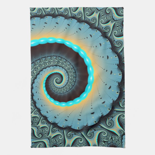 Abstract Blue Turquoise Orange Fractal Art Spiral Tea Towel (Vertical)