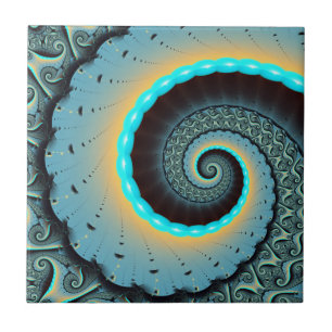 Abstract Blue Turquoise Orange Fractal Art Spiral Tile