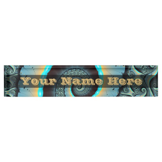 Abstract Blue Turquoise Orange Fractal Spiral Text Nameplate (Front)