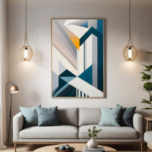 Abstract Blue White Gold Geometric Architecture Poster