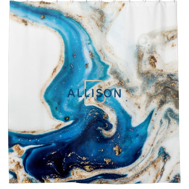 Abstract Blue White Gold Marble Monogram Shower Curtain (Front)