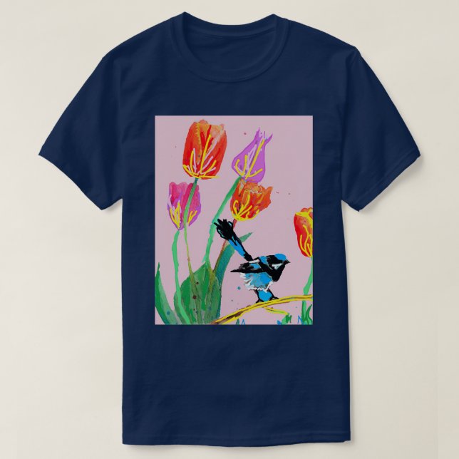 Abstract Blue Wren and Tulips Painting on Pale Pin T-Shirt (Design Front)