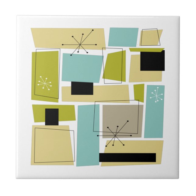 Abstract Blue Yellow Squares Mid Century Tile (Front)