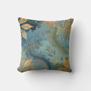 Abstract Bluish-Golden Leaf Artwork Style 26 Cushion