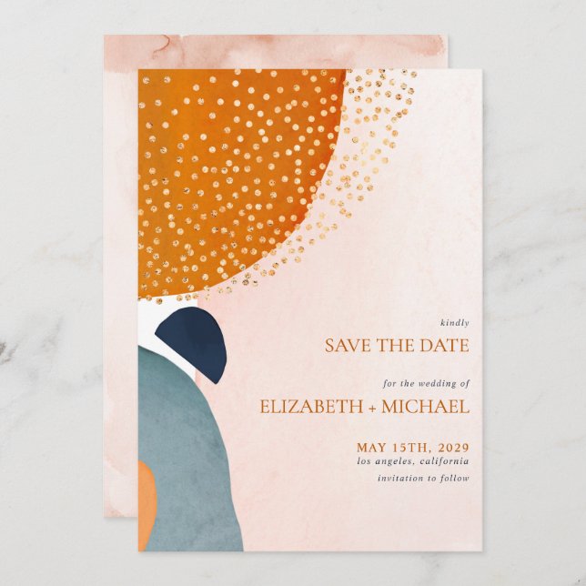 Abstract Blush Pink Navy Blue Terracotta Wedding Save The Date (Front/Back)