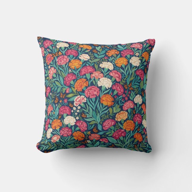 Abstract Boho Carnations Butterflies Throw Pillow (Front)