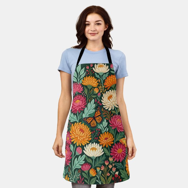 Abstract Boho Chrysanthemums Butterflies Apron (Worn)
