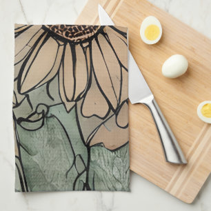 Abstract Boho Floral Sage and Beige Tea Towel