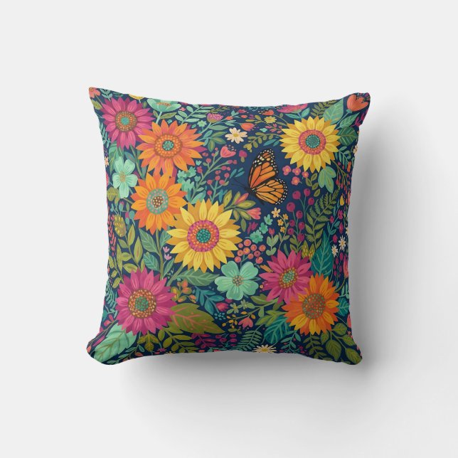 Abstract Boho Sunflower Monarch Throw Pillow (Front)